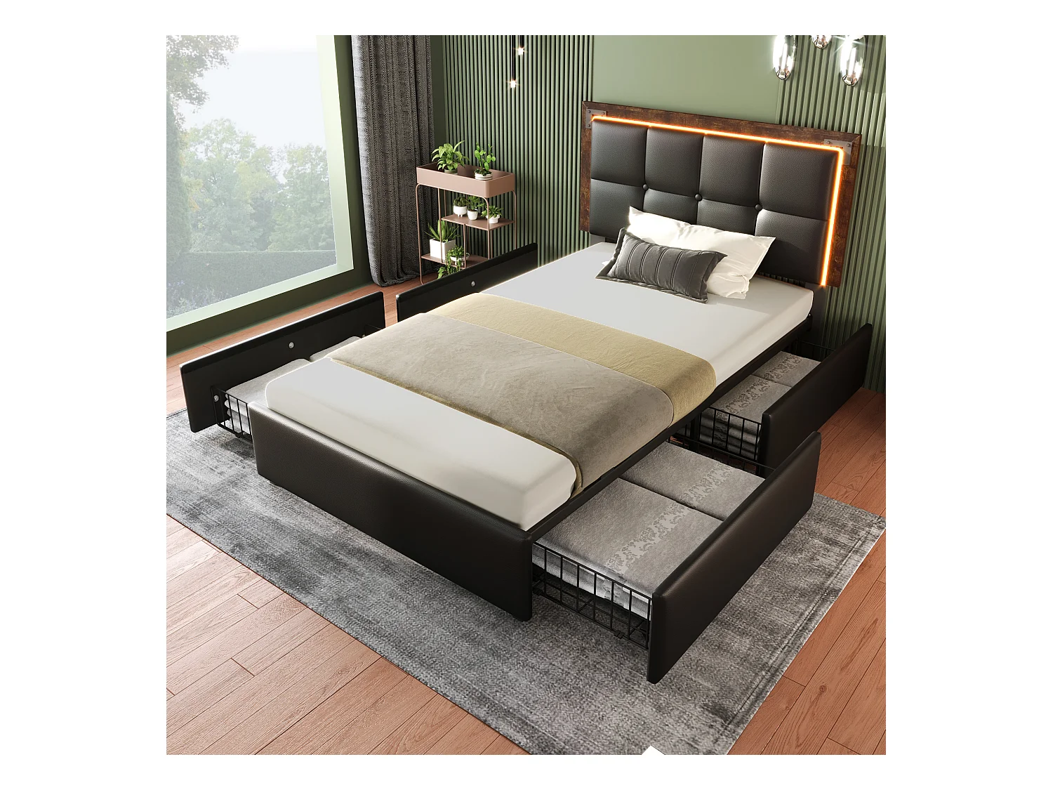 Lit simple 90x200 cm avec éclairage LED, tête de lit réglable et 4 tiroirs en PU noir