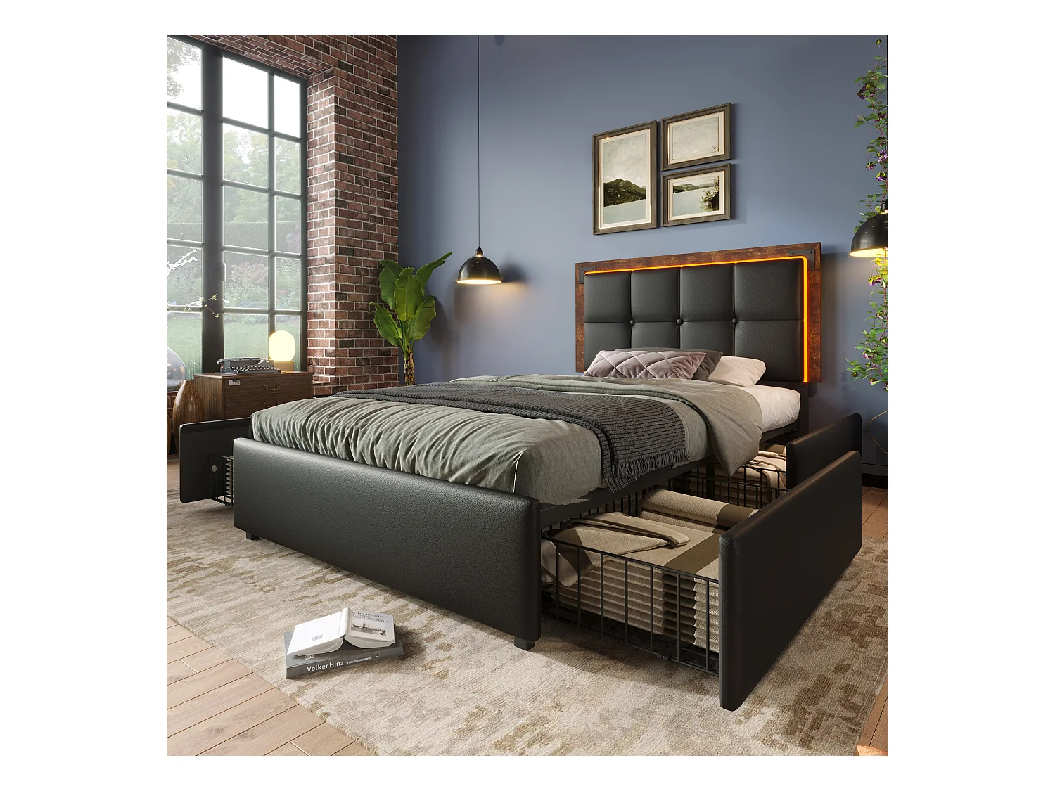 Lit simple 90x200 cm avec éclairage LED, tête de lit réglable et 4 tiroirs en PU noir