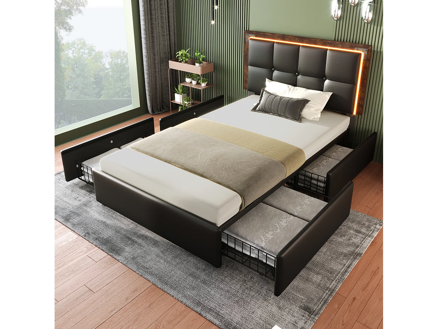 Lit simple 90x200 cm avec éclairage LED, tête de lit réglable et 4 tiroirs en PU noir