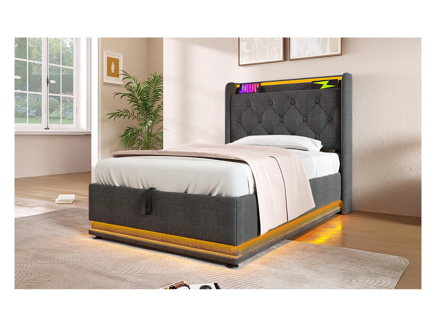 Lit simple 90×200 cm en lin gris avec éclairage LED 360° et port USB intégré