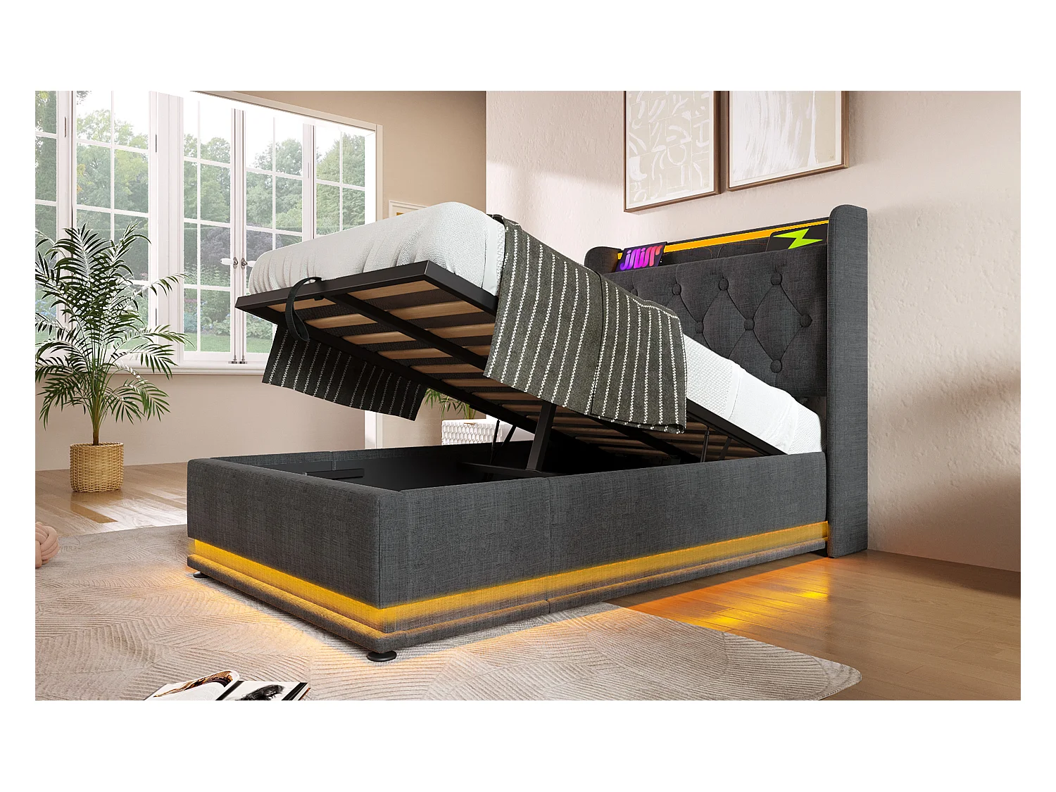 Lit simple 90×200 cm en lin gris avec éclairage LED 360° et port USB intégré