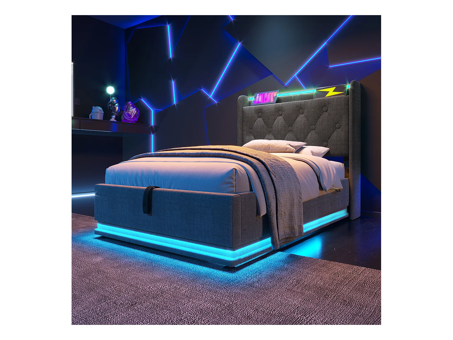 Lit simple 90×200 cm en lin gris avec éclairage LED 360° et port USB intégré