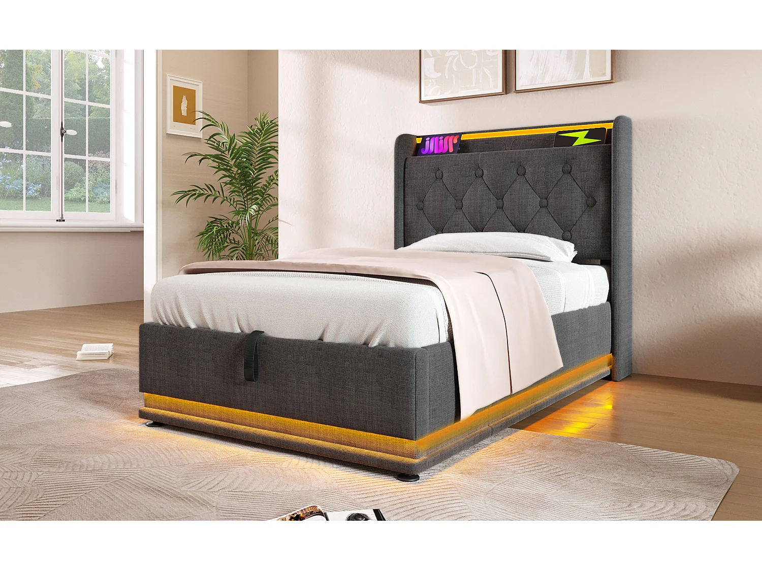 Lit simple 90×200 cm en lin gris avec éclairage LED 360° et port USB intégré