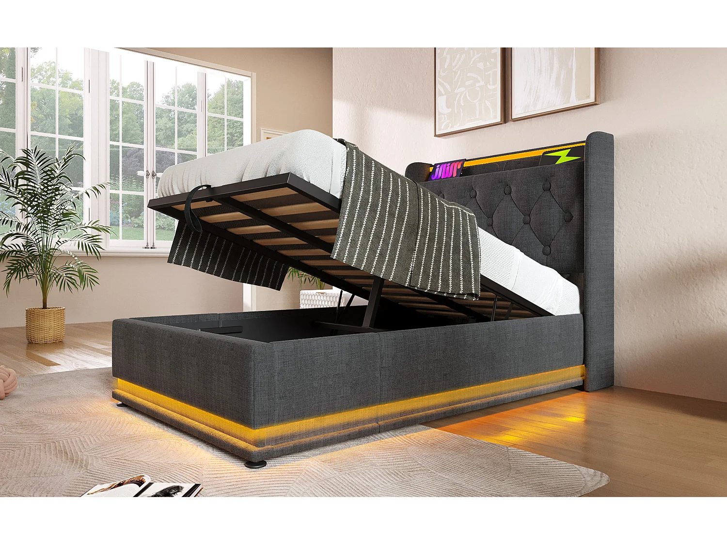 Lit simple 90×200 cm en lin gris avec éclairage LED 360° et port USB intégré