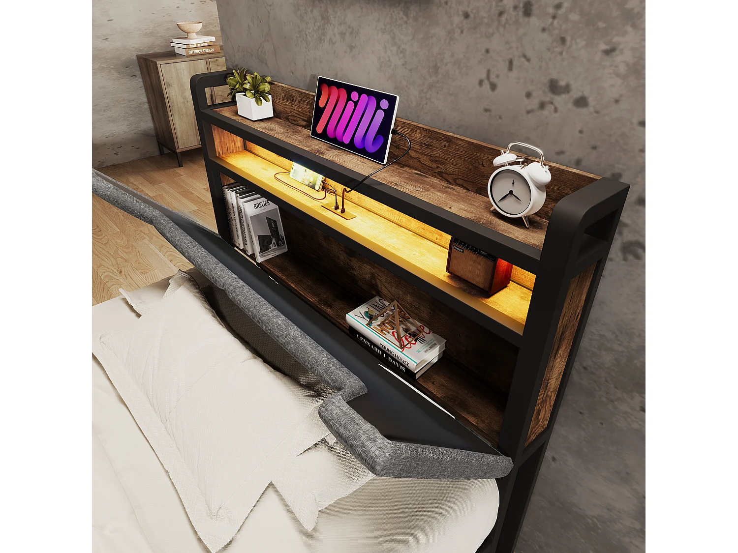 Lit simple 90×200 cm en gris avec tête de lit de rangement, ports USB et éclairage LED