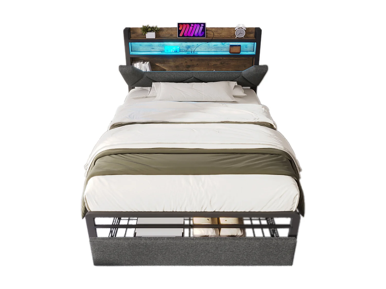 Lit simple 90×200 cm en gris avec tête de lit de rangement, ports USB et éclairage LED