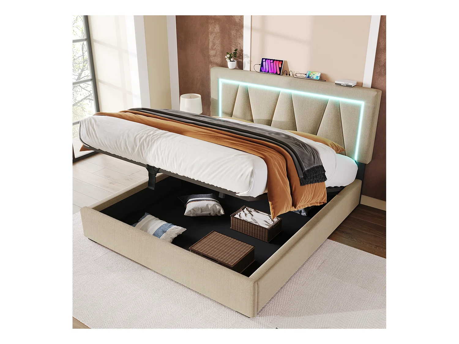 Lit double en lin 160x200 cm avec éclairage LED et station de charge USB, tête de lit réglable