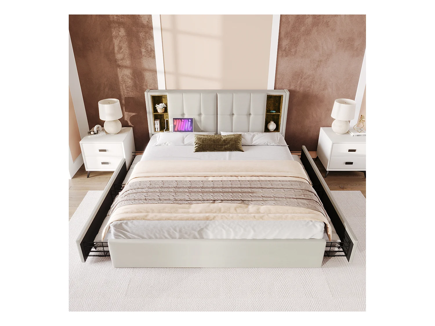 Lit double 160x200 cm en velours beige avec chargement sans fil et 4 tiroirs de rangement