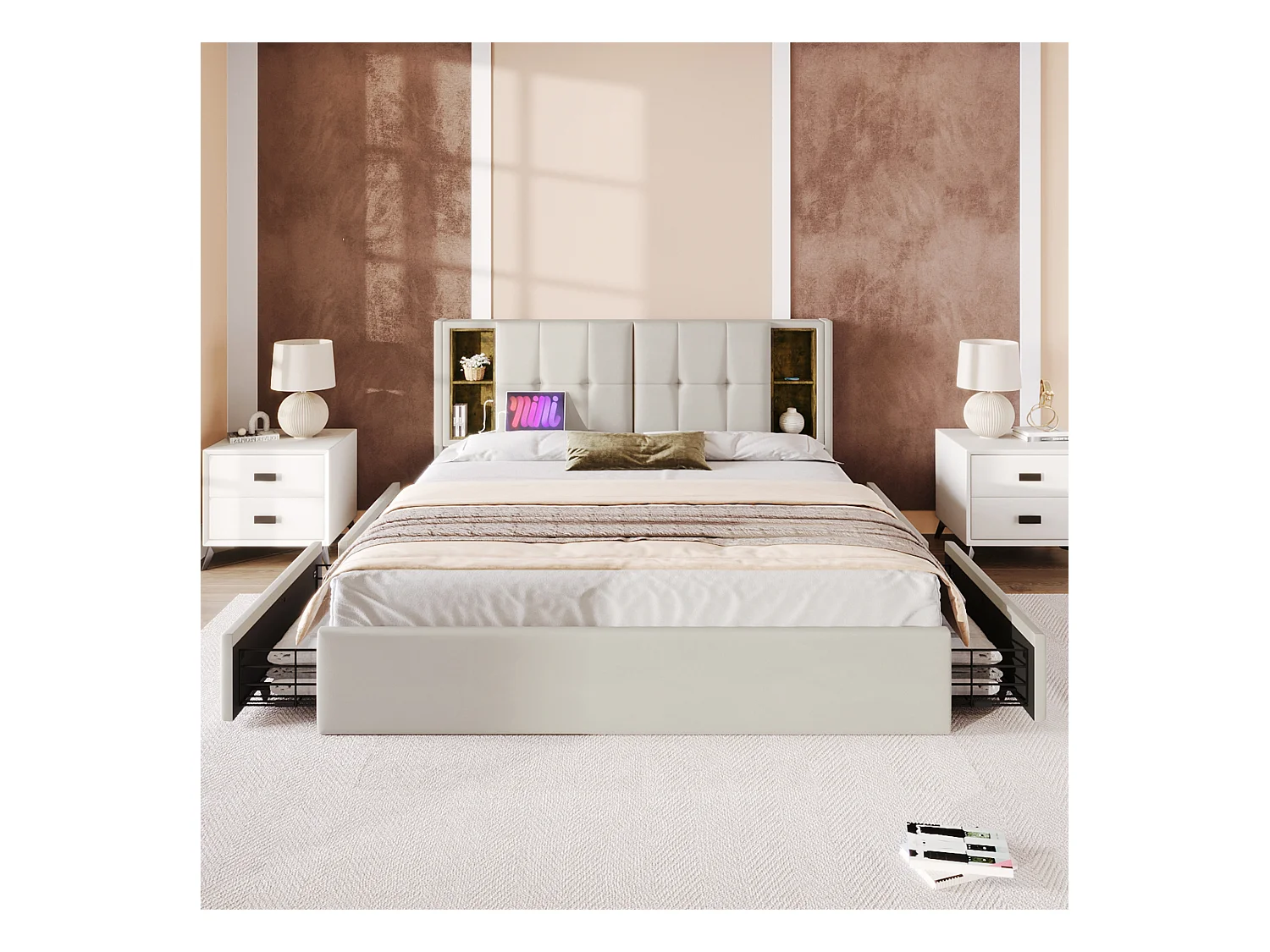 Lit double 160x200 cm en velours beige avec chargement sans fil et 4 tiroirs de rangement