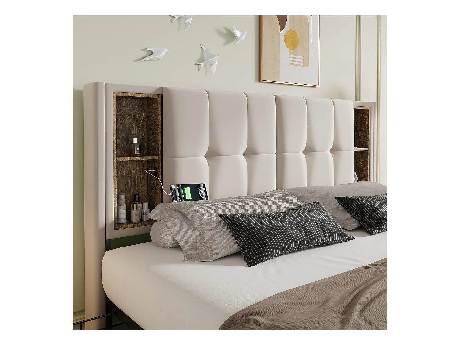 Lit double 160x200 cm en velours beige avec chargement sans fil et 4 tiroirs de rangement