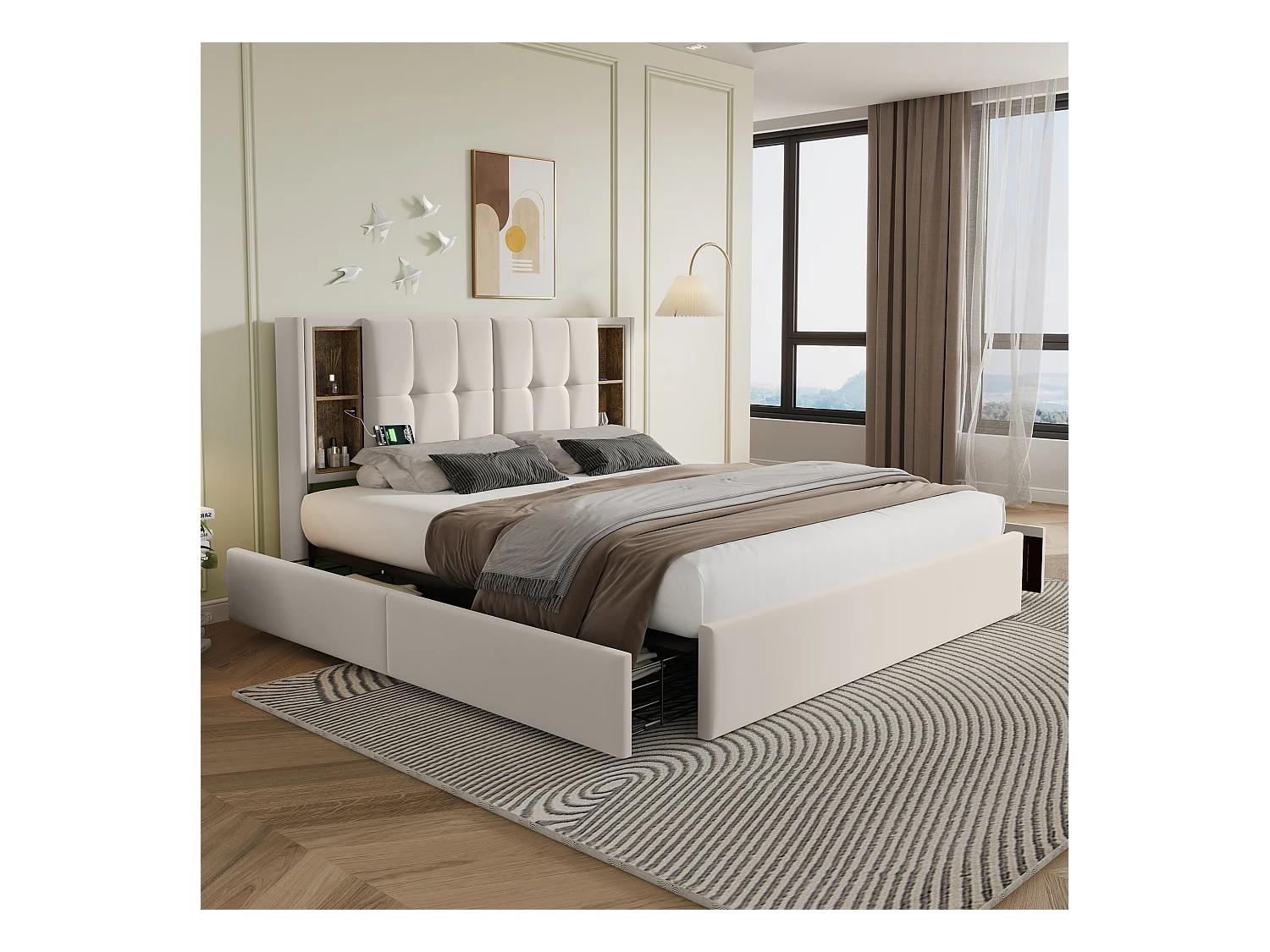 Lit double 160x200 cm en velours beige avec chargement sans fil et 4 tiroirs de rangement