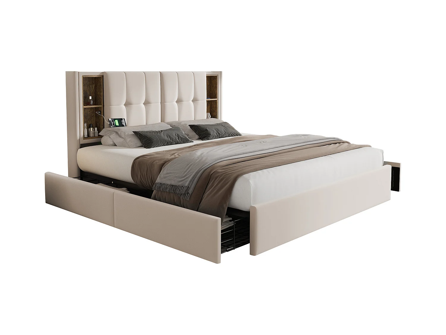 Lit double 160x200 cm en velours beige avec chargement sans fil et 4 tiroirs de rangement
