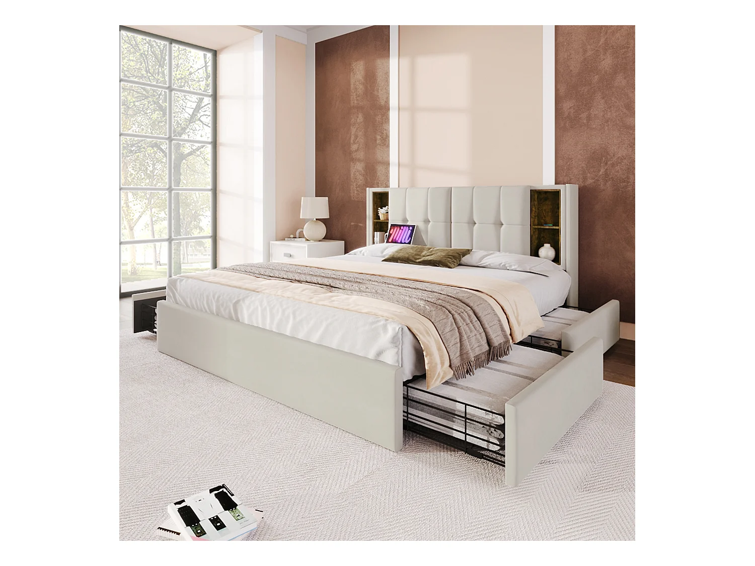 Lit double 160x200 cm en velours beige avec chargement sans fil et 4 tiroirs de rangement