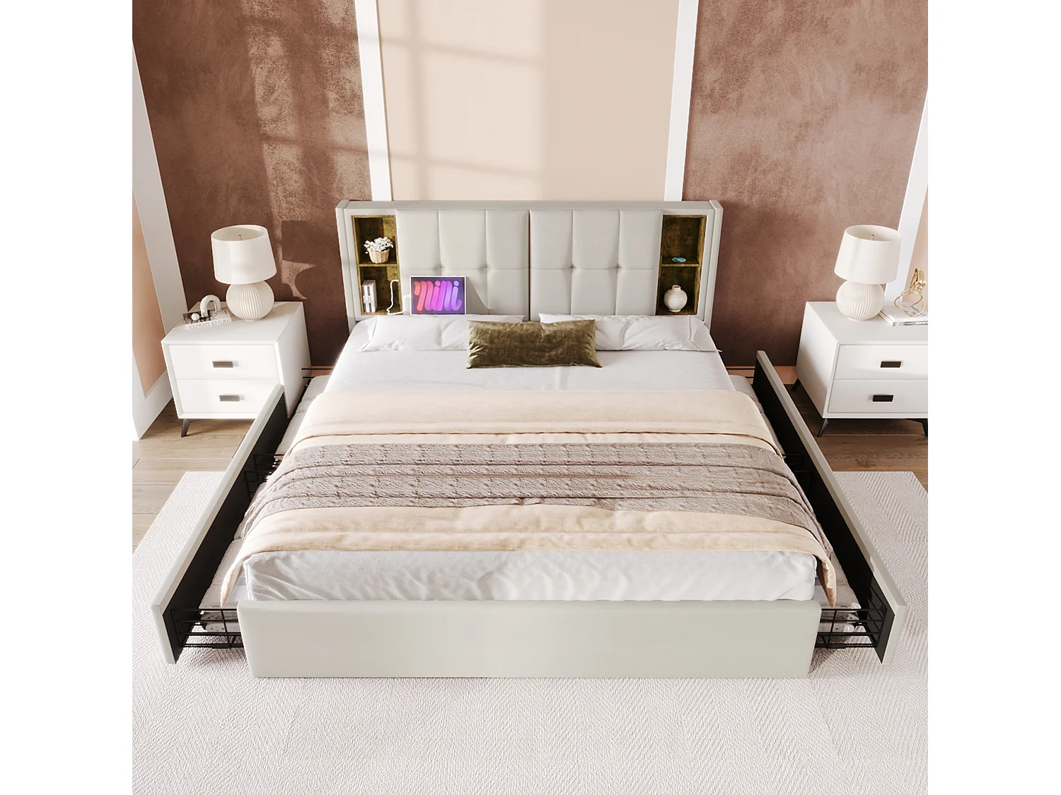 Lit double 160x200 cm en velours beige avec chargement sans fil et 4 tiroirs de rangement