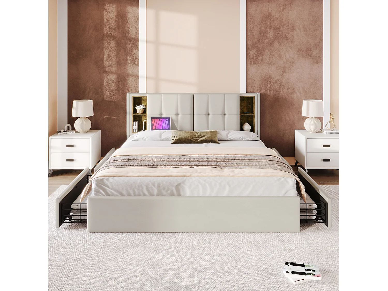 Lit double 160x200 cm en velours beige avec chargement sans fil et 4 tiroirs de rangement