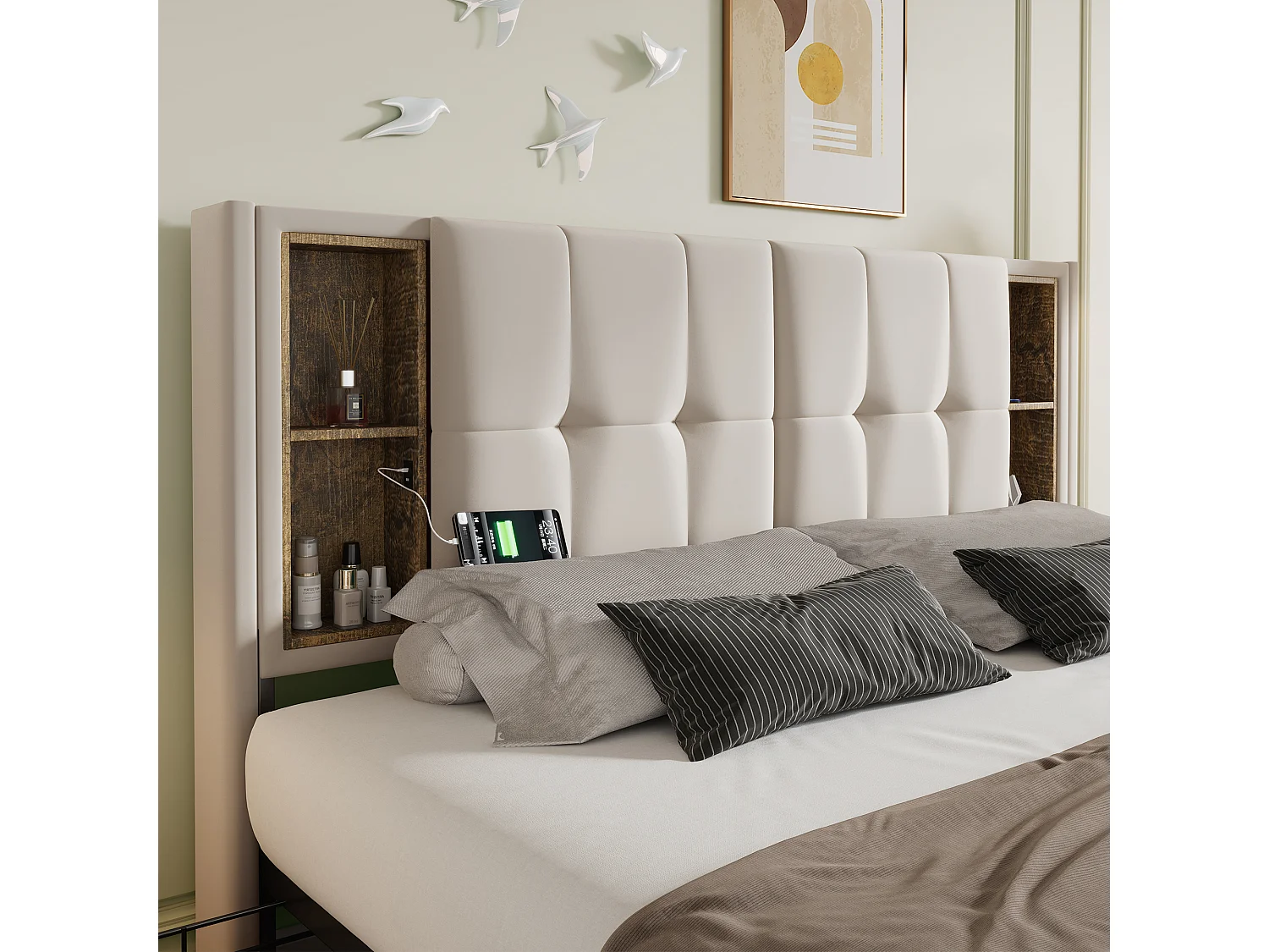 Lit double 160x200 cm en velours beige avec chargement sans fil et 4 tiroirs de rangement