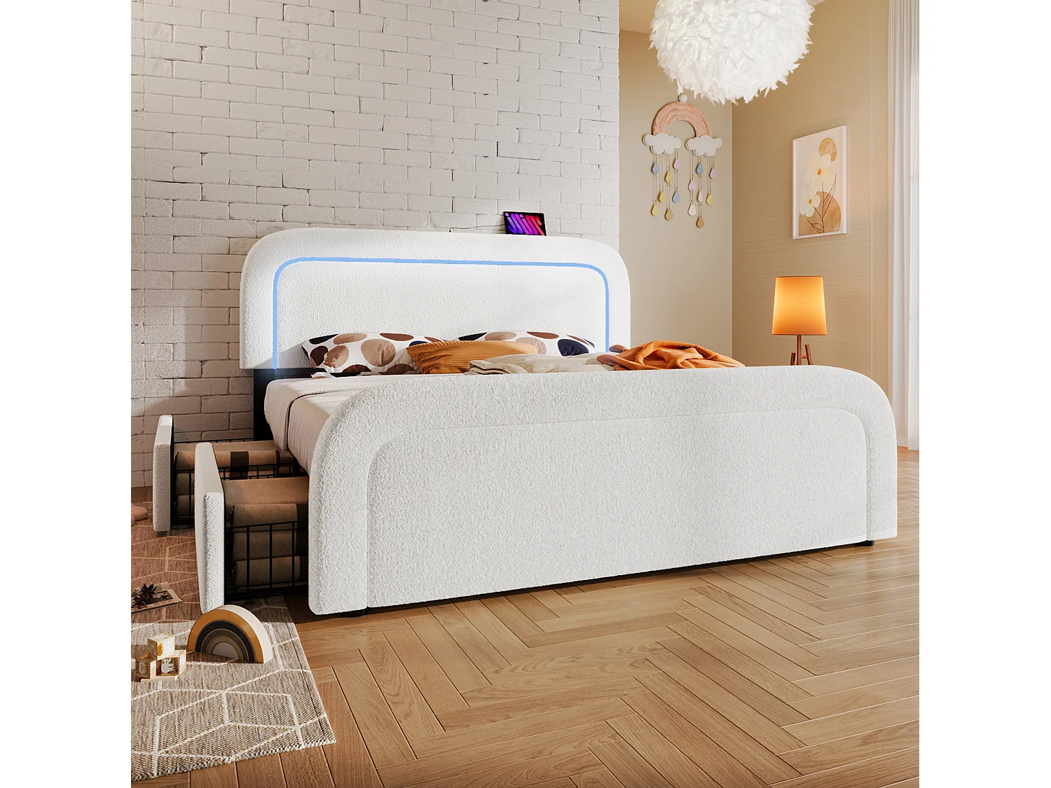 Lit double 160x200 cm avec fonction de chargement USB Type-C, éclairage LED et 4 tiroirs, en Sherpa blanc