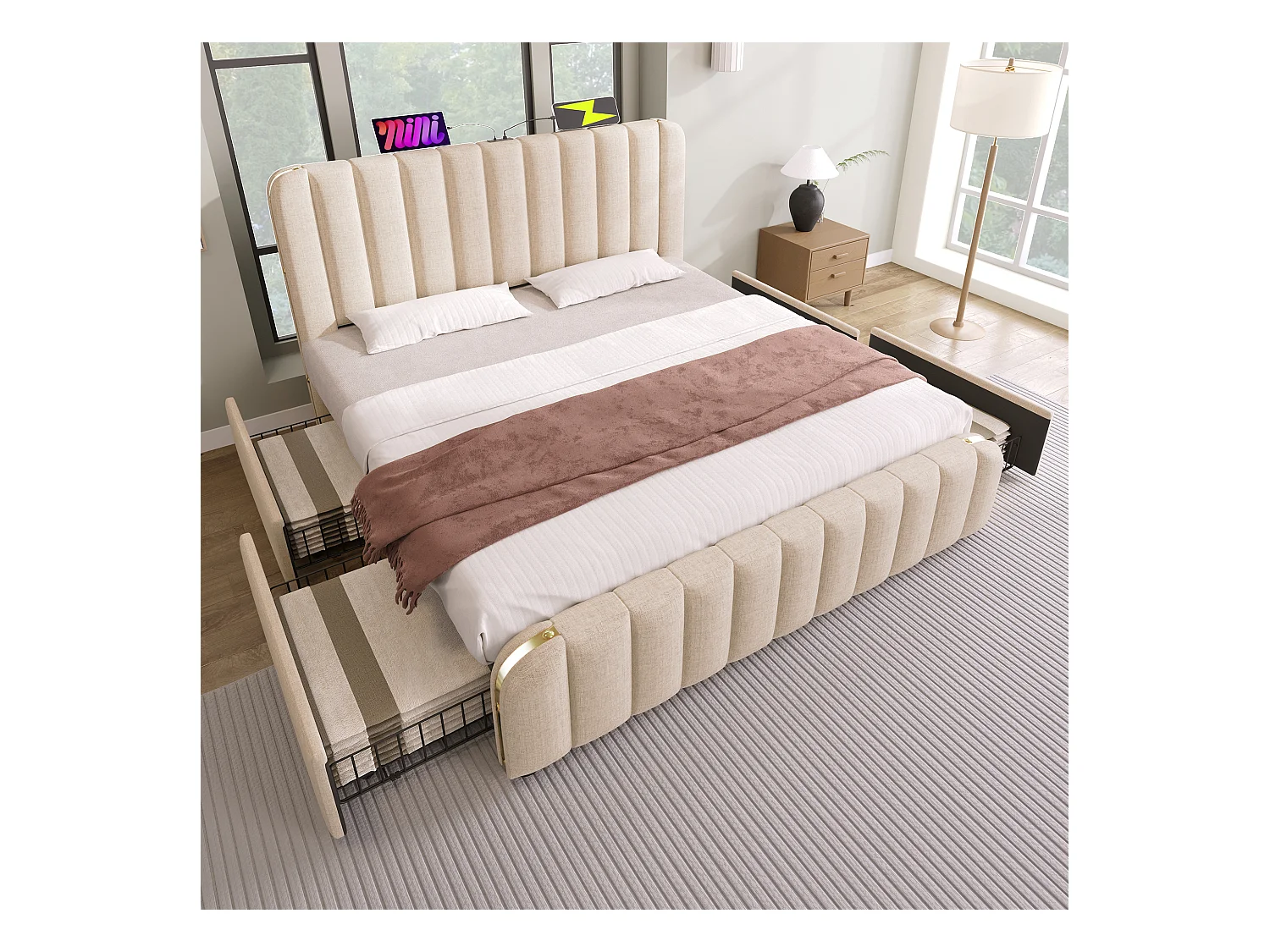 Lit double 180×200 cm en lin beige avec tête de lit rembourrée et ports USB intégrés