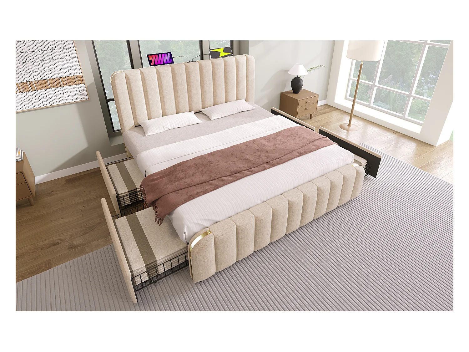Lit double 180×200 cm en lin beige avec tête de lit rembourrée et ports USB intégrés