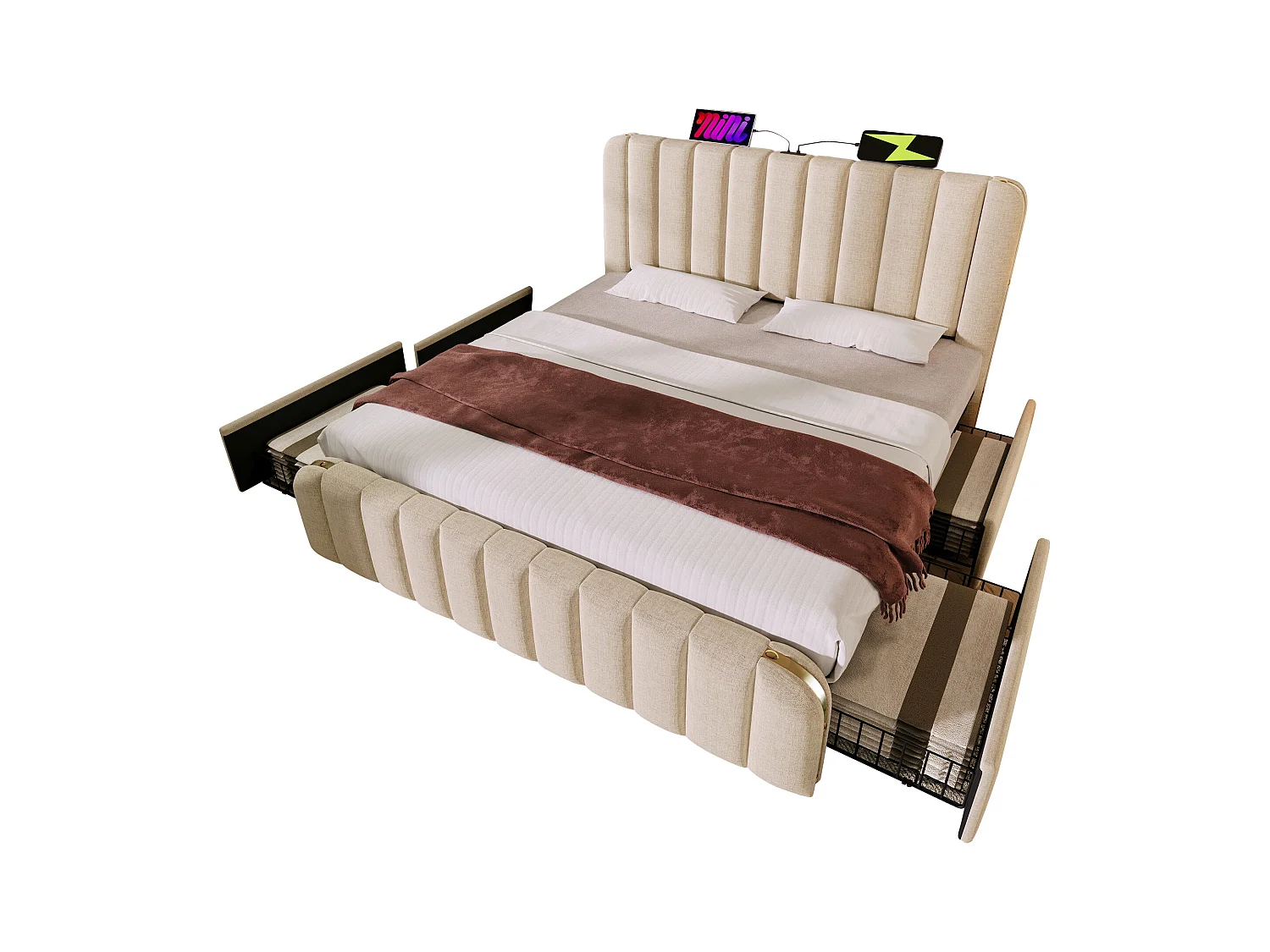 Lit double 180×200 cm en lin beige avec tête de lit rembourrée et ports USB intégrés