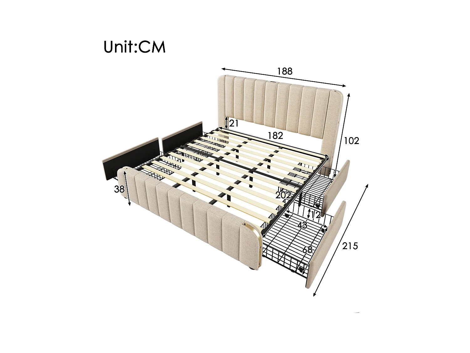 Lit double 180×200 cm en lin beige avec tête de lit rembourrée et ports USB intégrés