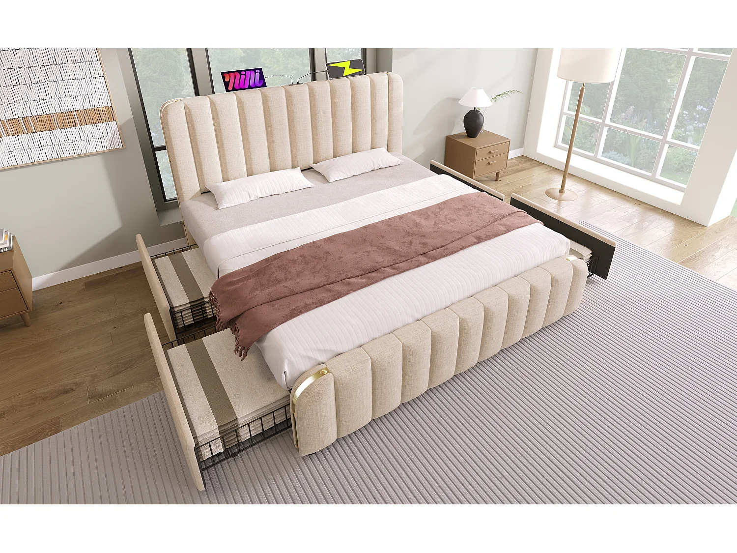 Lit double 180×200 cm en lin beige avec tête de lit rembourrée et ports USB intégrés