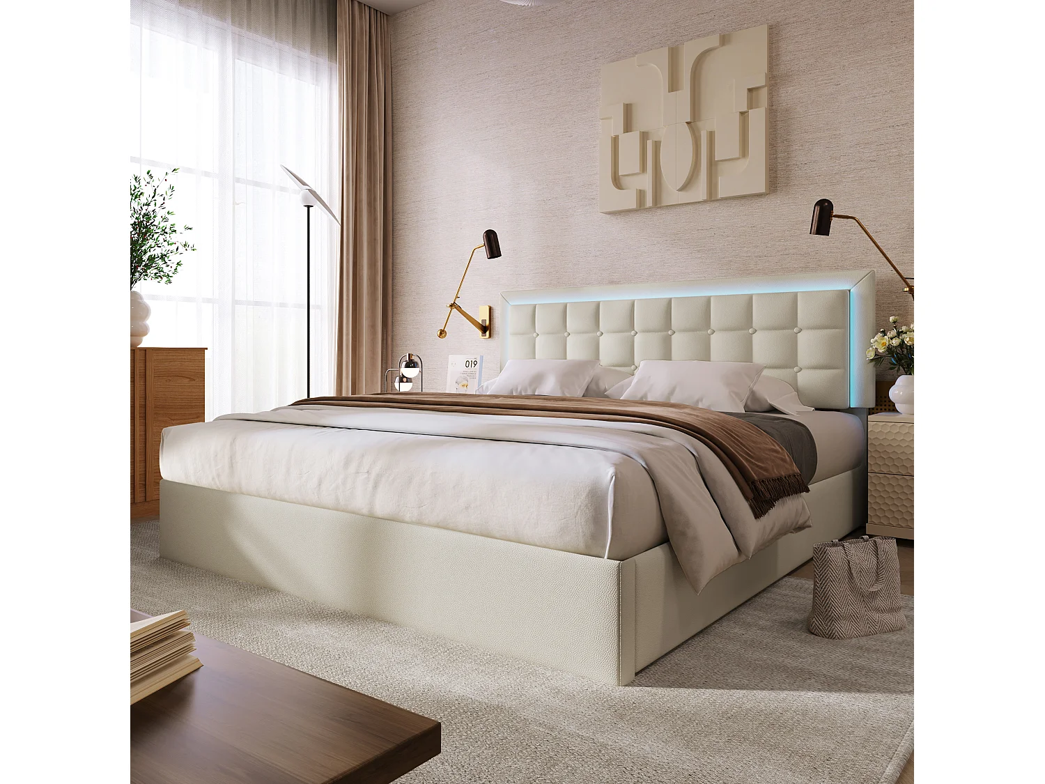 Lit rembourré avec sommier à lattes et espace de rangement 160x200 cm, cuir PU blanc, éclairage LED