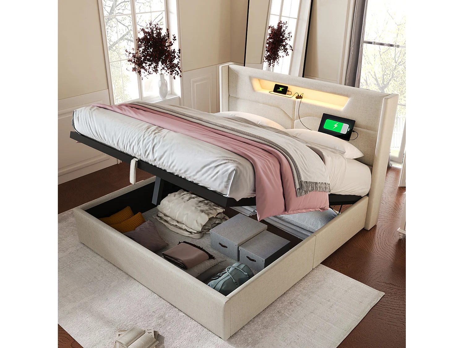 Lit double en lin beige 140x200 cm avec éclairage LED et station de charge USB