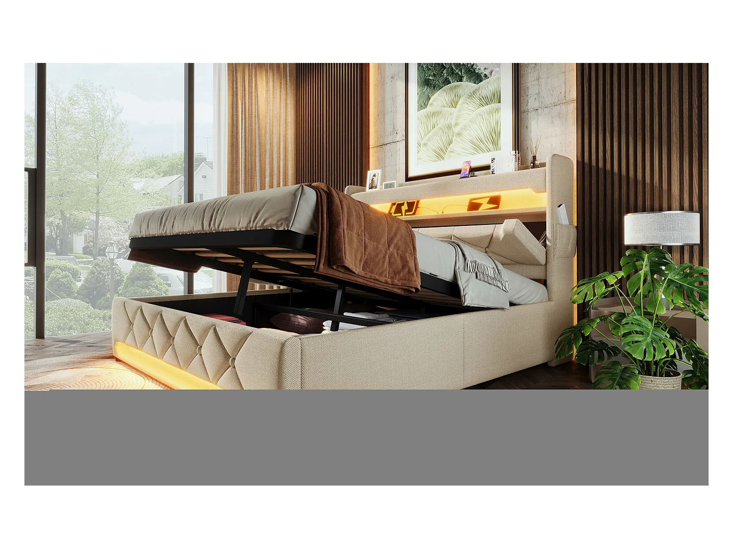 Lit double 140×200 cm en lin beige avec tête de lit de rangement et ports USB