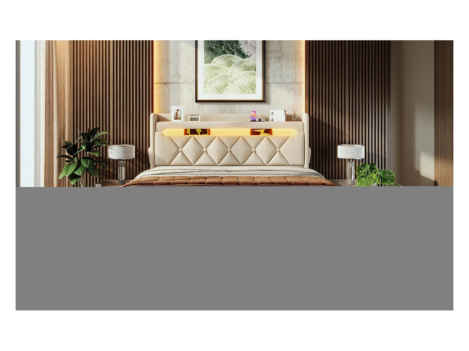 Lit double 140×200 cm en lin beige avec tête de lit de rangement et ports USB