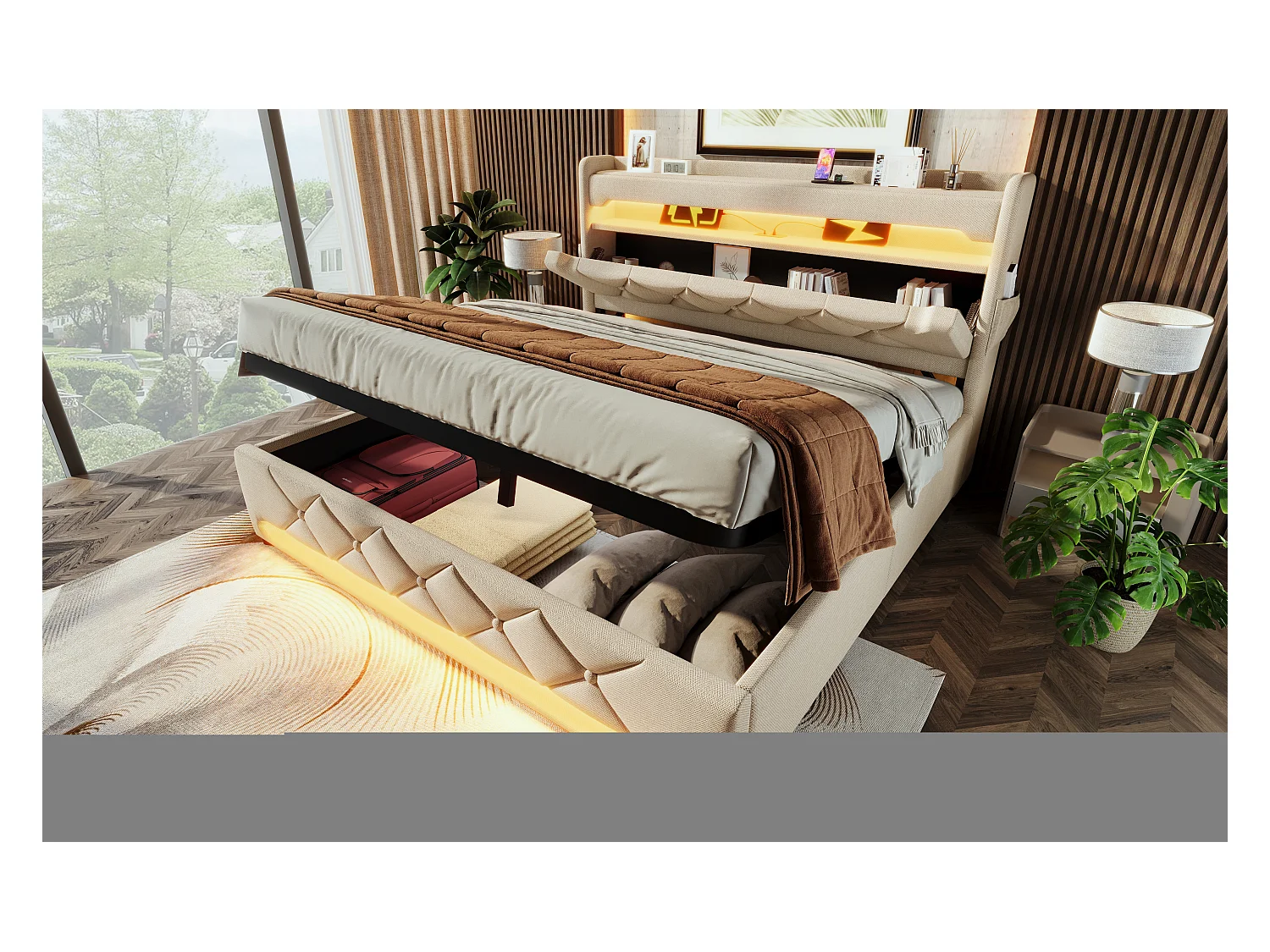 Lit double 140×200 cm en lin beige avec tête de lit de rangement et ports USB