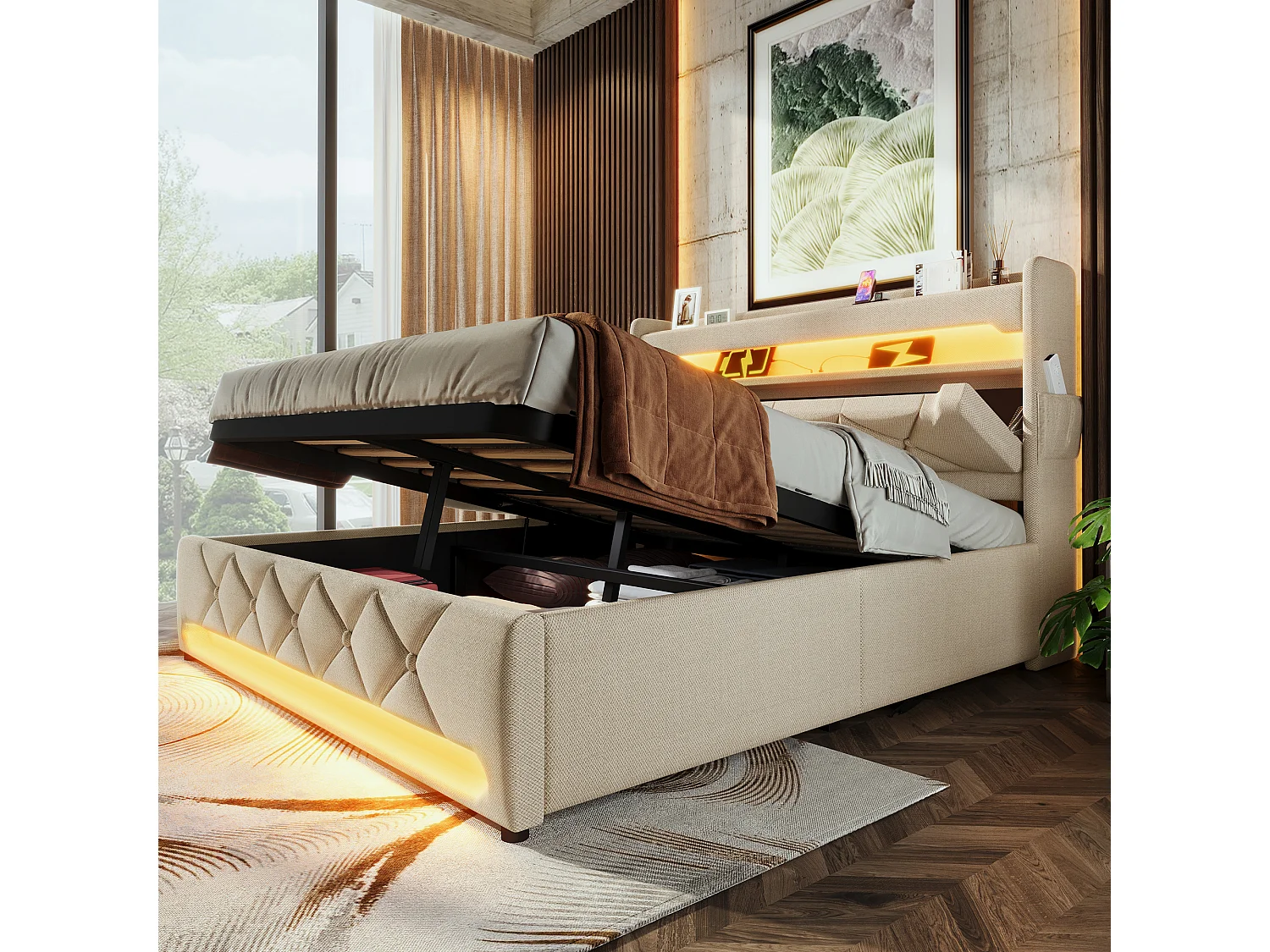 Lit double 140×200 cm en lin beige avec tête de lit de rangement et ports USB