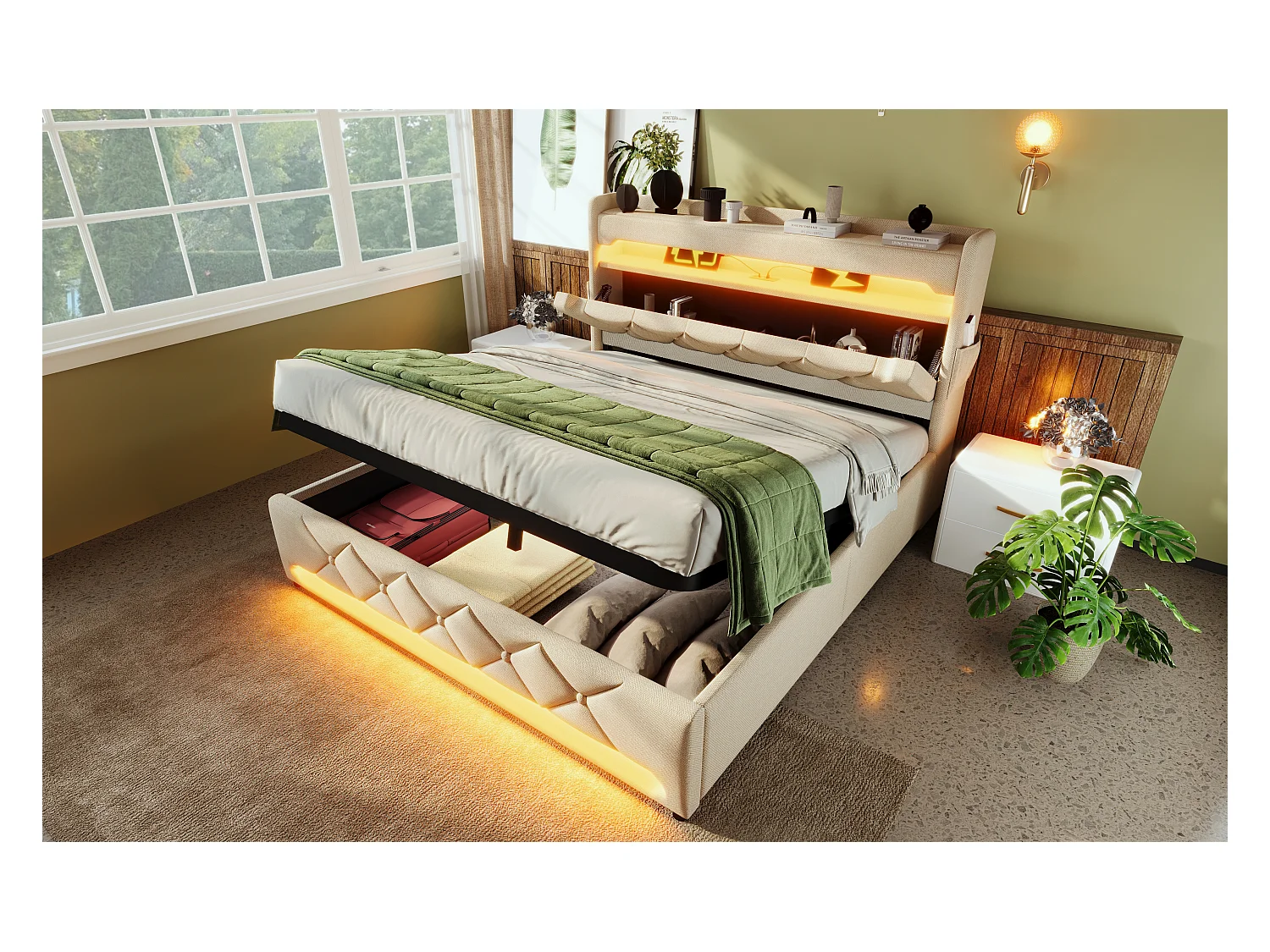 Lit double 140×200 cm en lin beige avec tête de lit de rangement et ports USB
