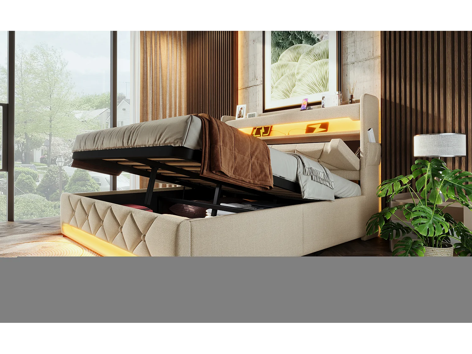 Lit double 140×200 cm en lin beige avec tête de lit de rangement et ports USB