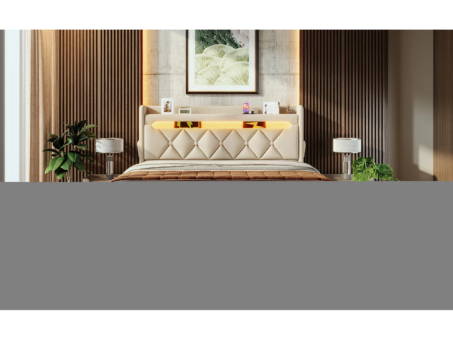 Lit double 140×200 cm en lin beige avec tête de lit de rangement et ports USB