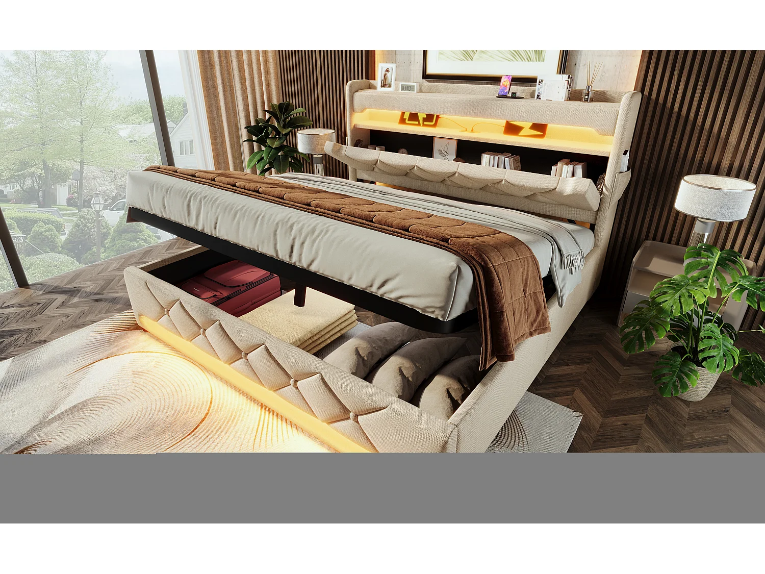 Lit double 140×200 cm en lin beige avec tête de lit de rangement et ports USB