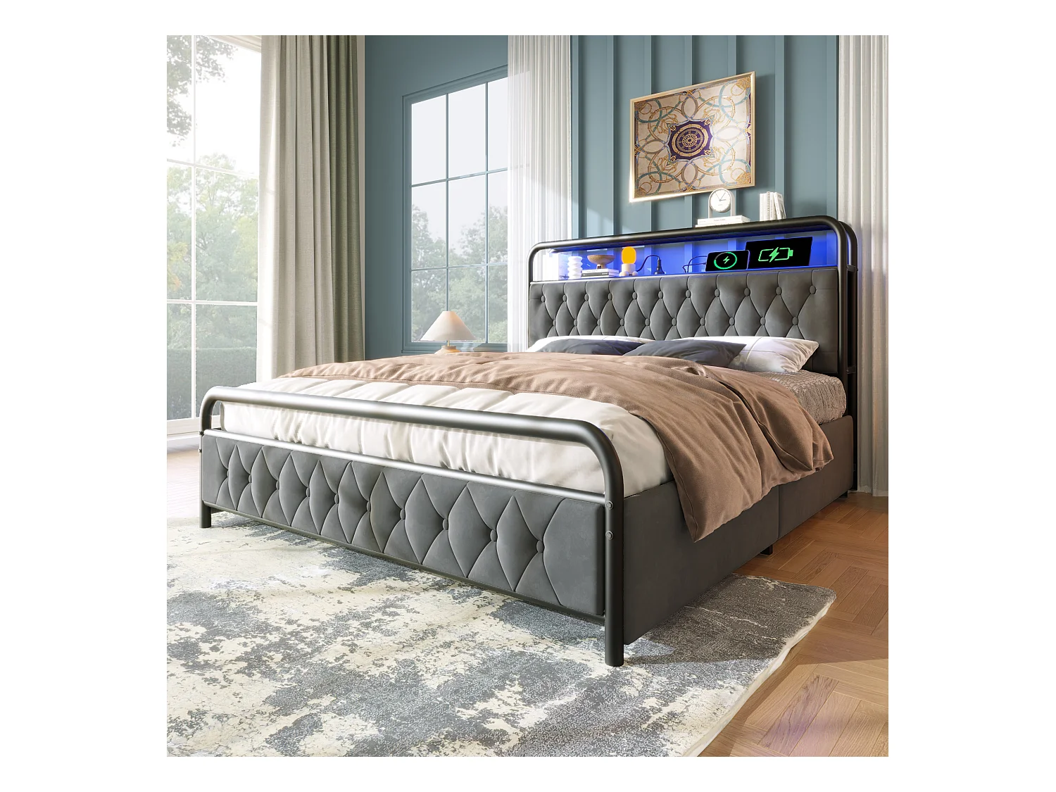 Lit double 160×200 cm en velours gris avec éclairage LED, 4 tiroirs et chargeur USB intégré