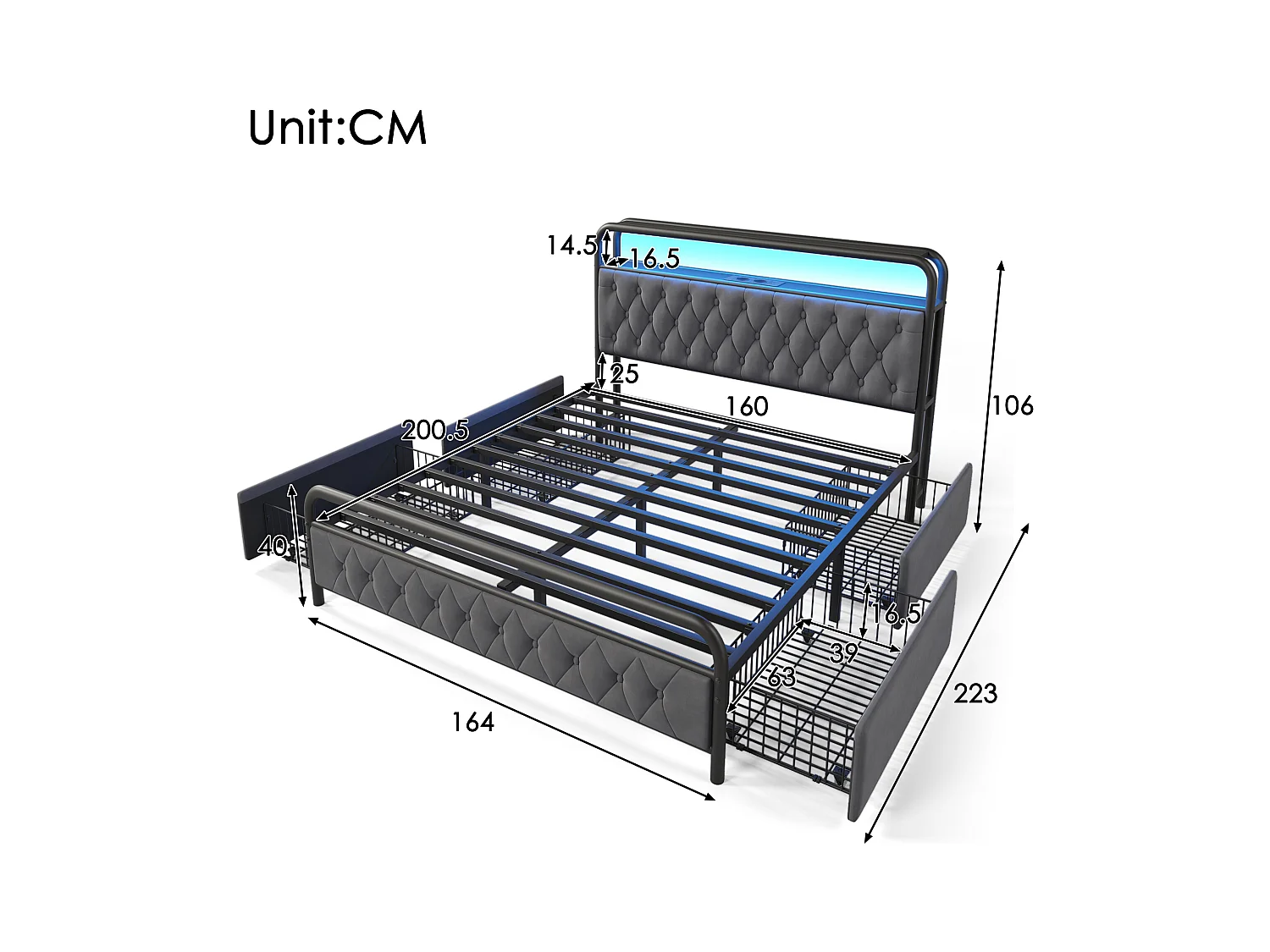 Lit double 160×200 cm en velours gris avec éclairage LED, 4 tiroirs et chargeur USB intégré