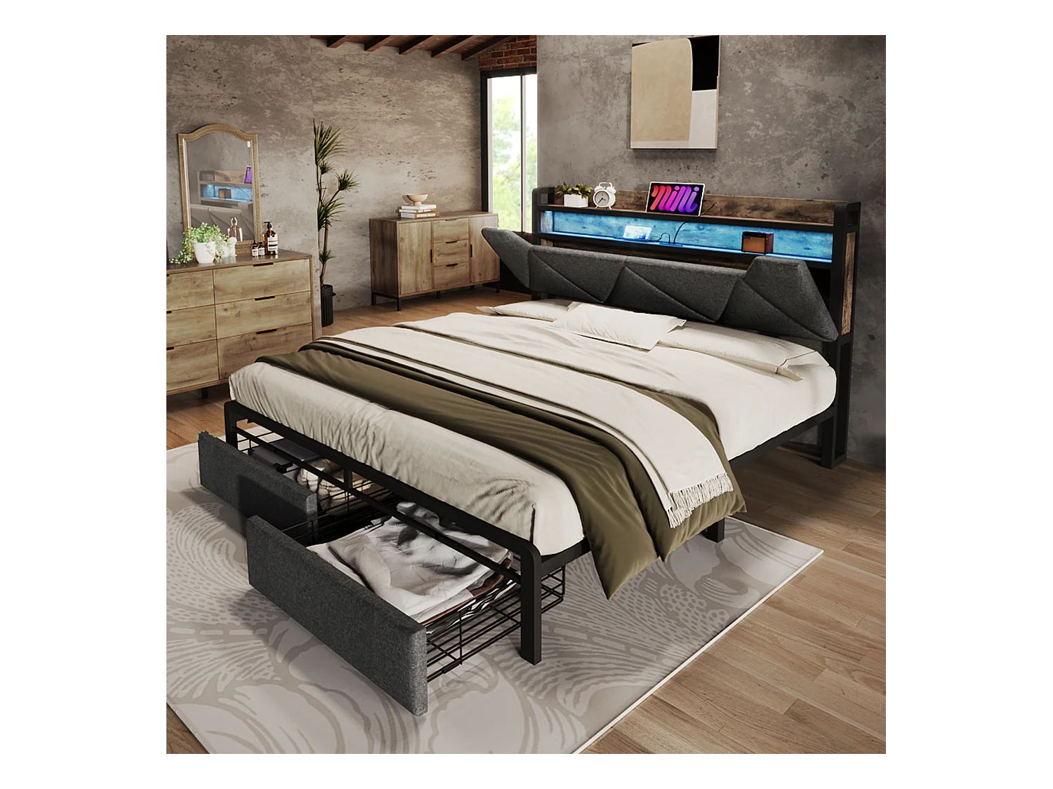 Lit avec tête de lit de rangement, USB Type C, éclairage LED, 140x200 cm, gris, cadre en métal