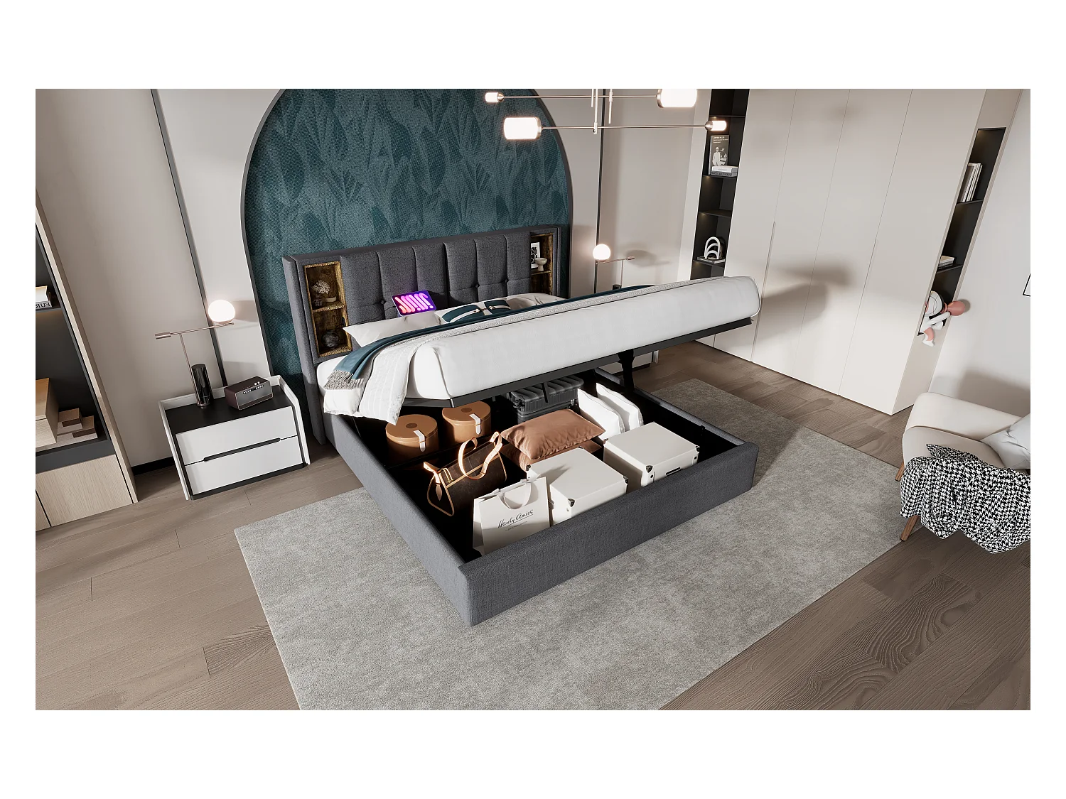 Lit double 180x200 cm en gris avec chargement sans fil et rangement sous le sommier