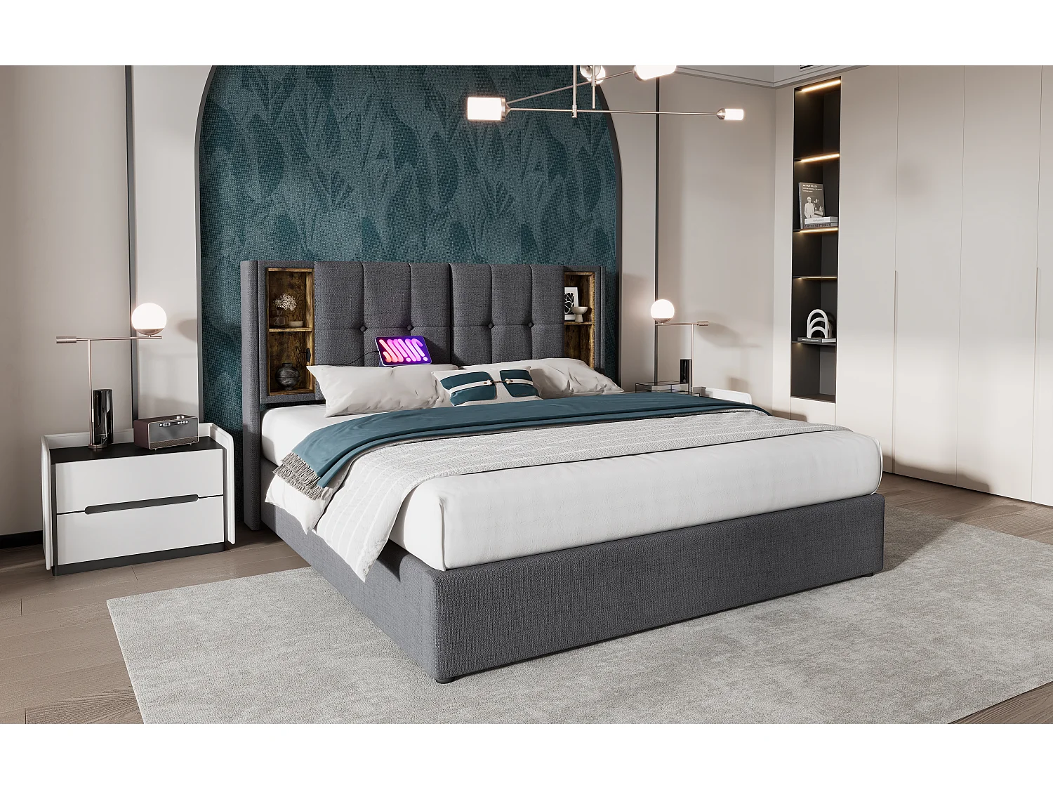 Lit double 180x200 cm en gris avec chargement sans fil et rangement sous le sommier