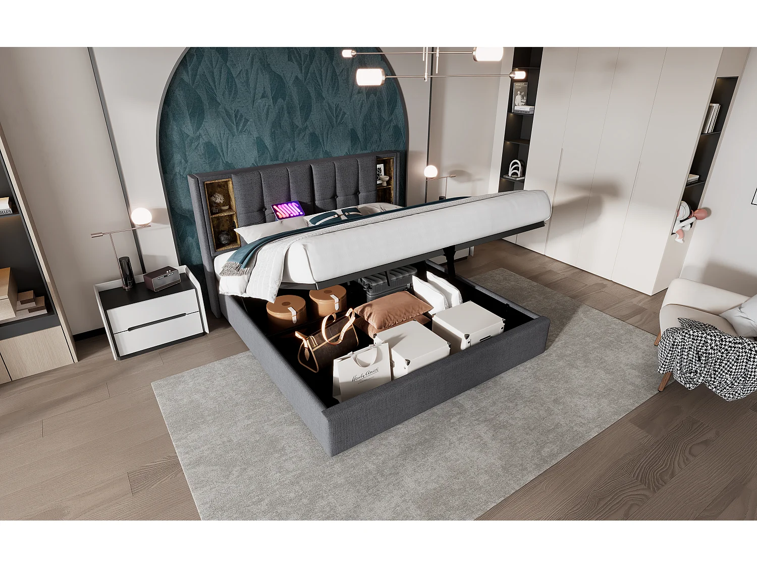 Lit double 180x200 cm en gris avec chargement sans fil et rangement sous le sommier