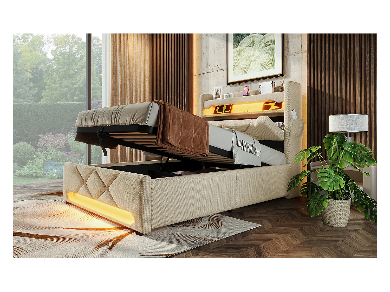 Lit simple 90×200 cm en lin beige avec tête de lit de rangement et ports USB