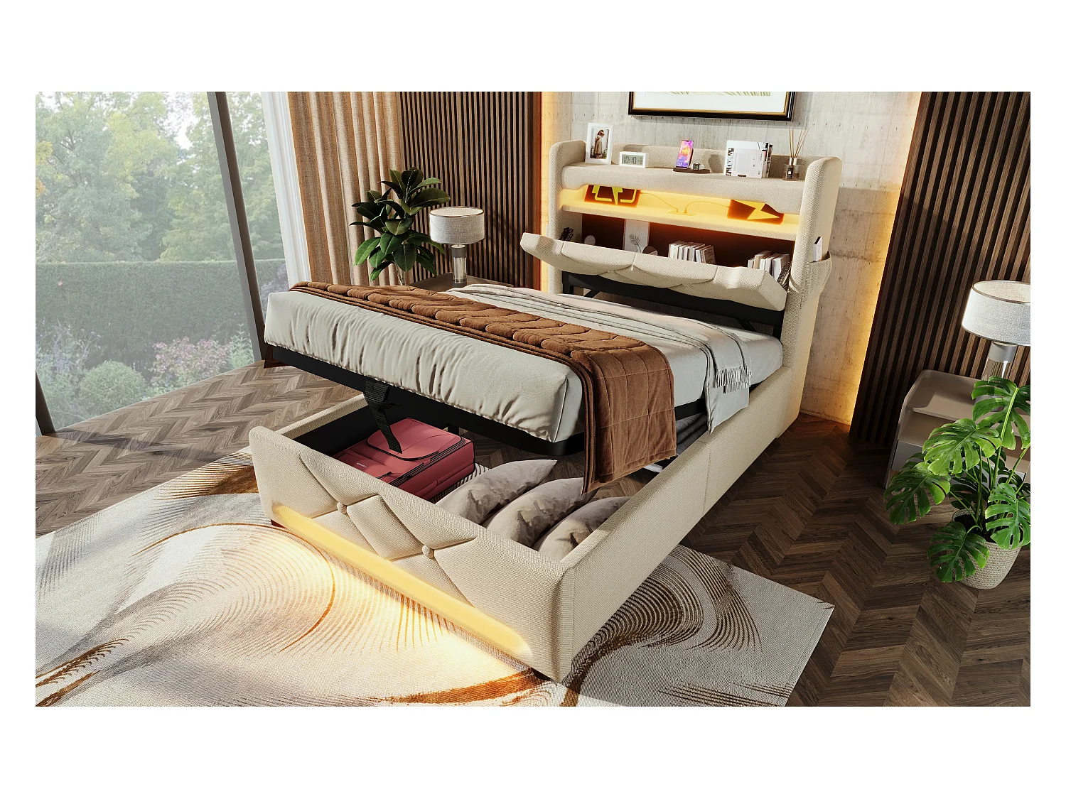 Lit simple 90×200 cm en lin beige avec tête de lit de rangement et ports USB