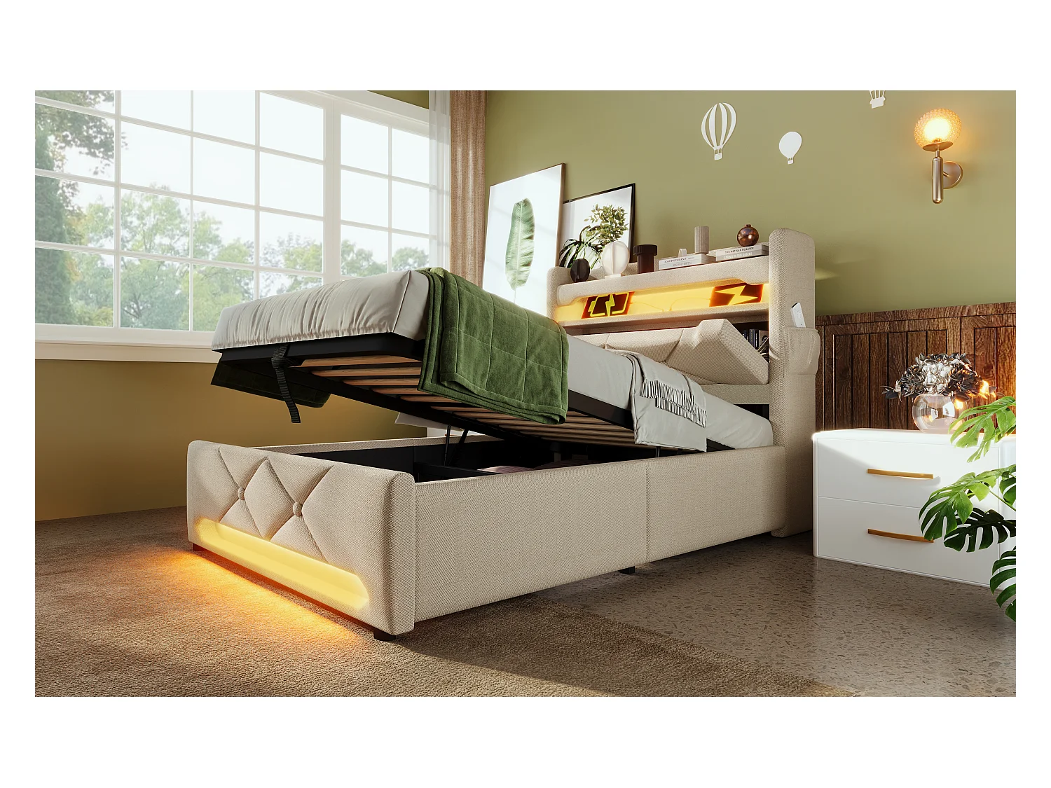 Lit simple 90×200 cm en lin beige avec tête de lit de rangement et ports USB