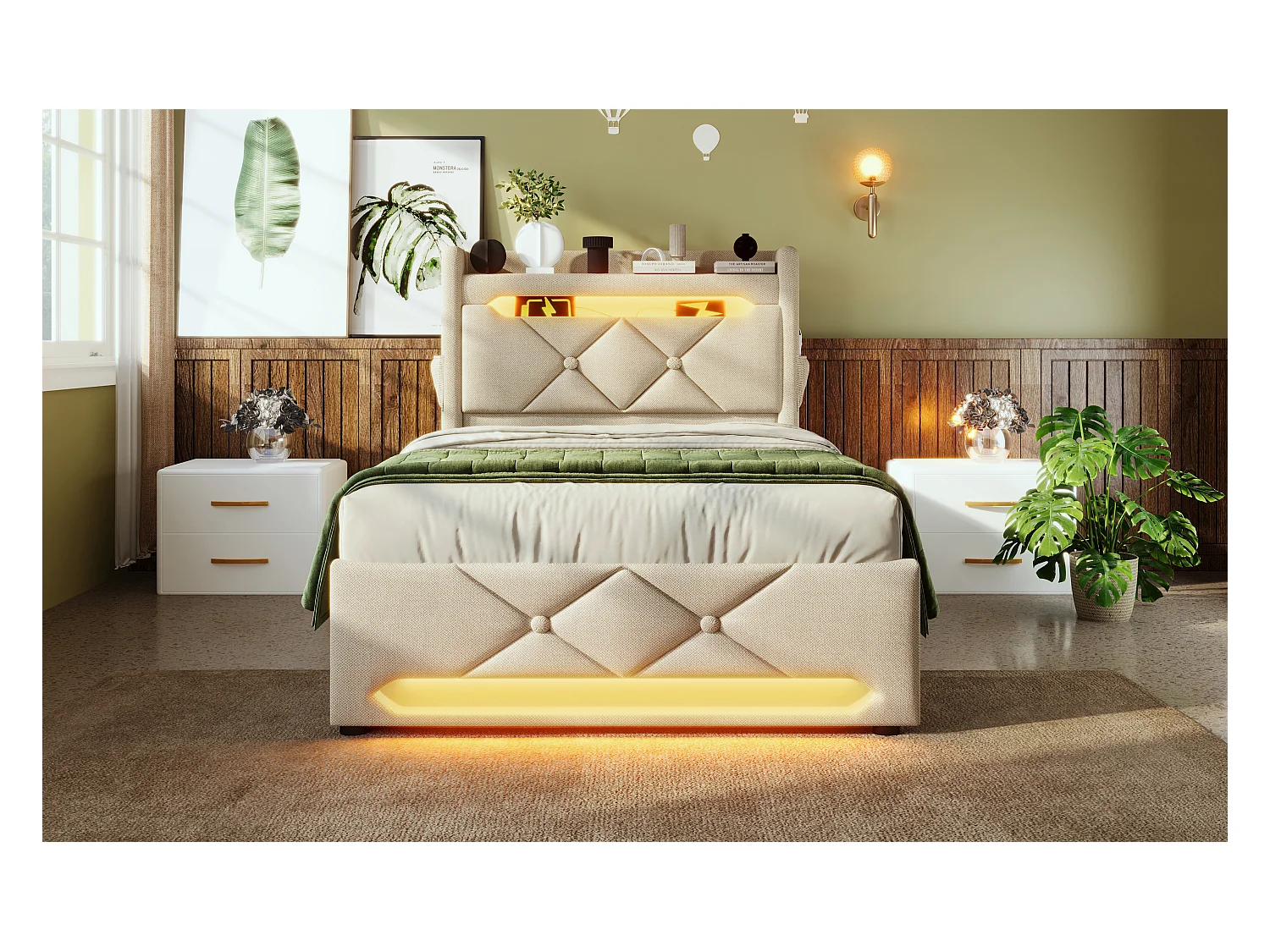 Lit simple 90×200 cm en lin beige avec tête de lit de rangement et ports USB