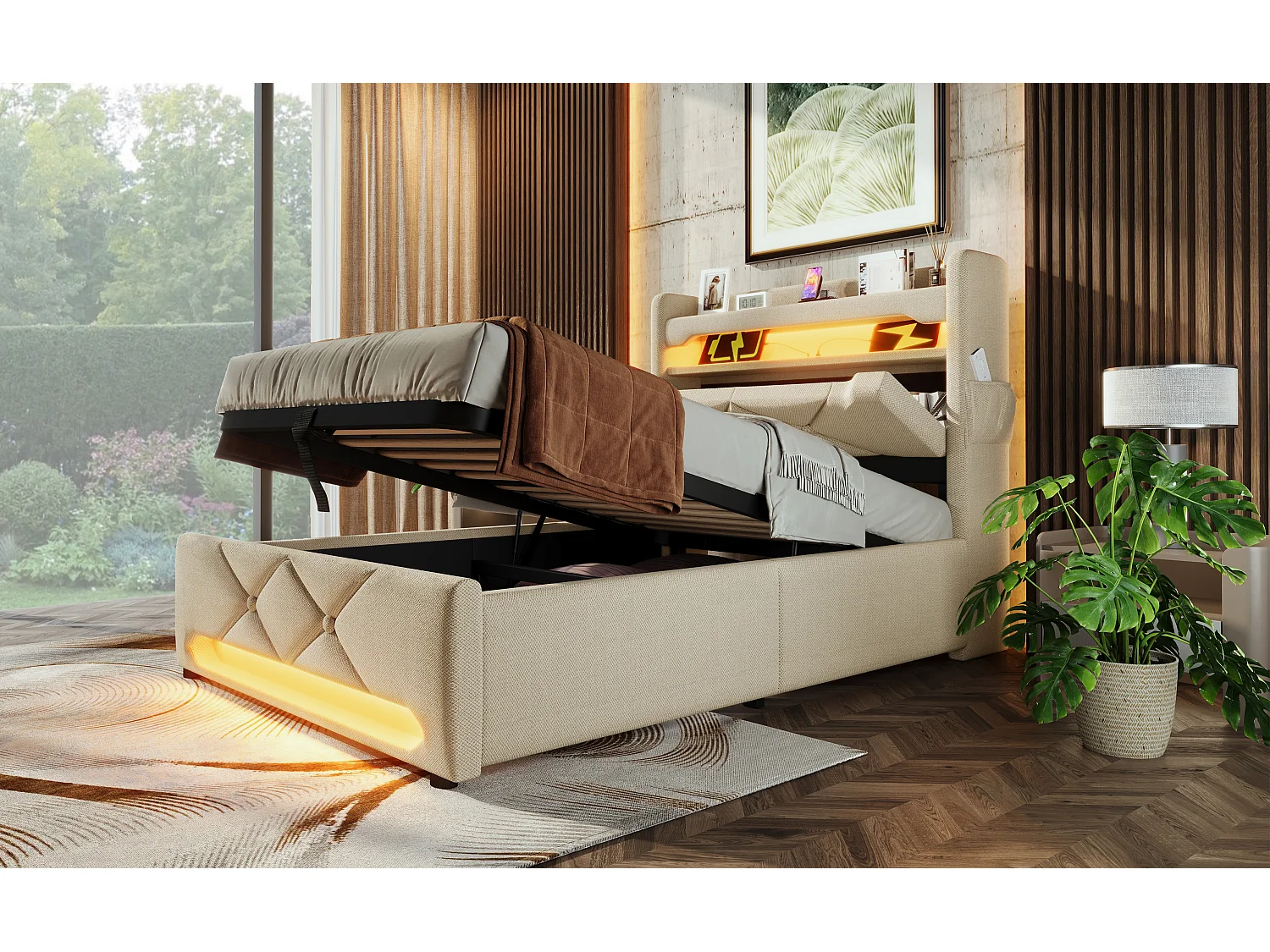 Lit simple 90×200 cm en lin beige avec tête de lit de rangement et ports USB