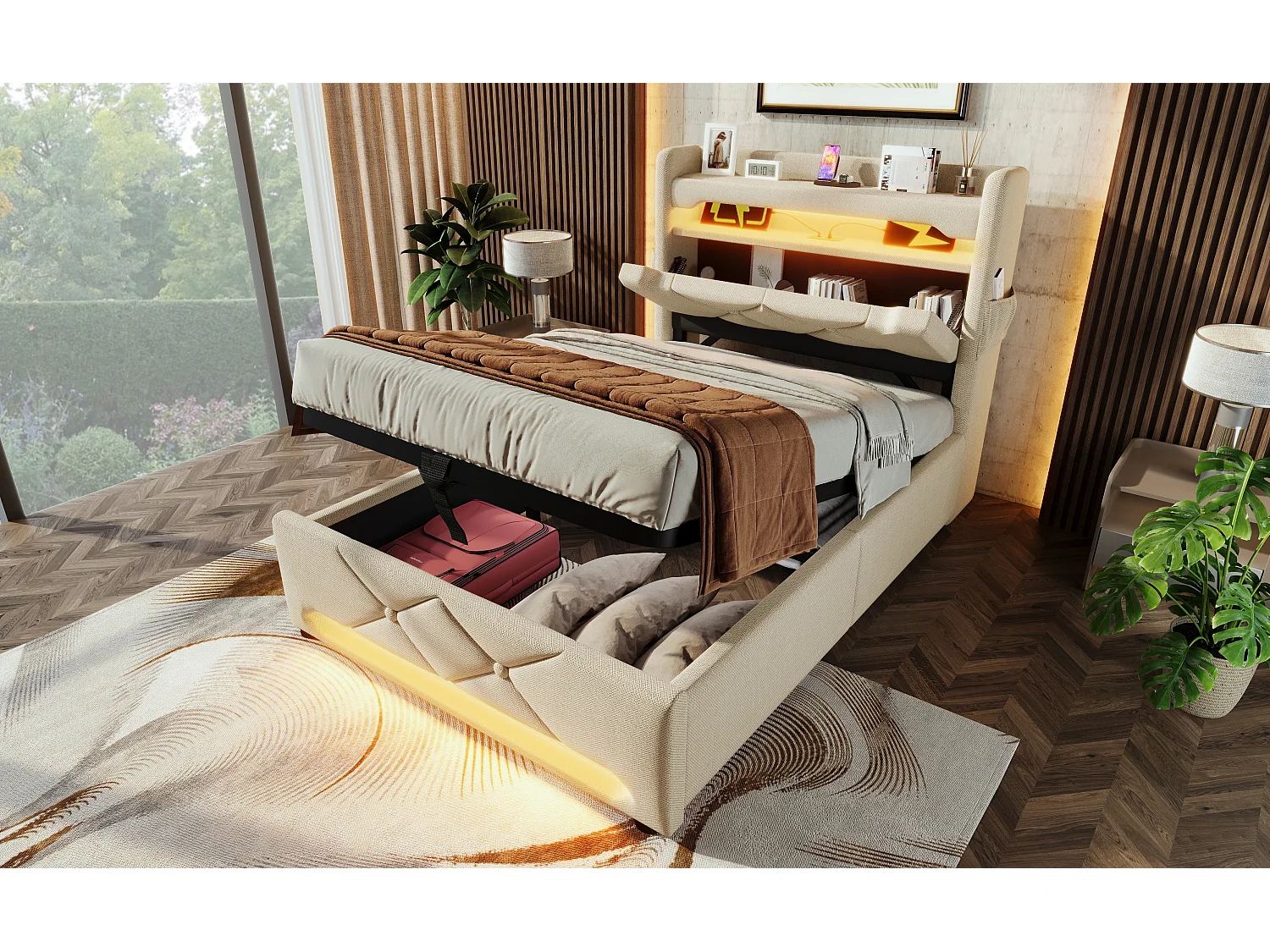 Lit simple 90×200 cm en lin beige avec tête de lit de rangement et ports USB