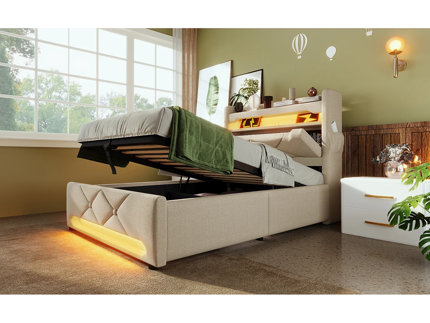 Lit simple 90×200 cm en lin beige avec tête de lit de rangement et ports USB