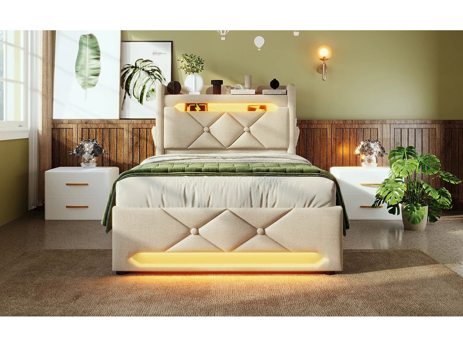 Lit simple 90×200 cm en lin beige avec tête de lit de rangement et ports USB